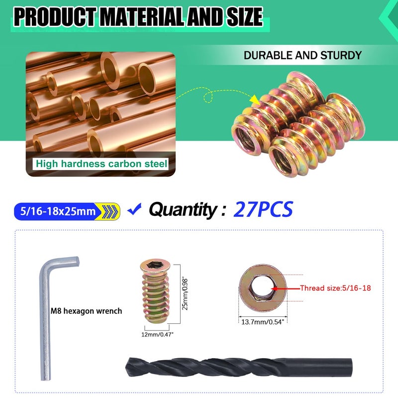 Twidec /27PCS 5/16"-18 Threaded Inserts for Wood Furniture Screw-in Nut Wood Inserts Bolt Assortment Kit with M8 Hex Wrench (5/16"-18 x25mm) - Image 2